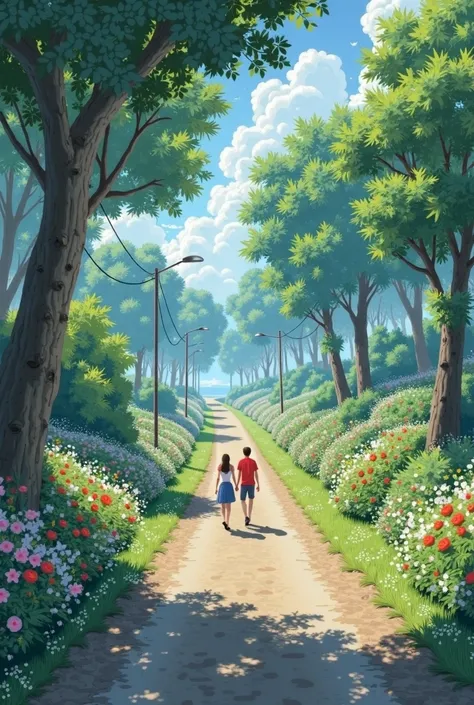 A long straight road with lots of greenery and pretty flowers and big trees and 2 clutching hands