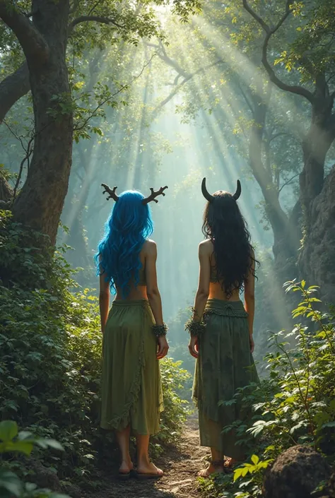 Shrek, two beautiful women - one with blue hair and horns, one with black hair and horns, 8k, highly detailed, photorealistic, c...