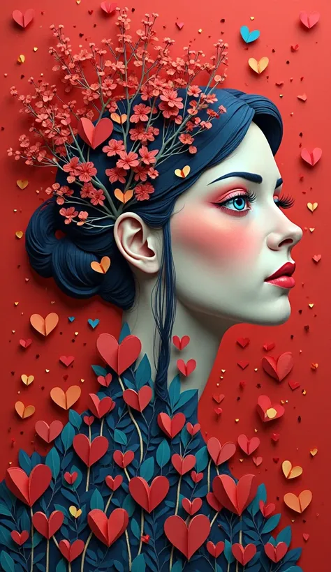 make a surrealistic abstraction of a multiple woman combined with hearts forest, paper_cut,(illustration: 1.3), paper art, 3D re...