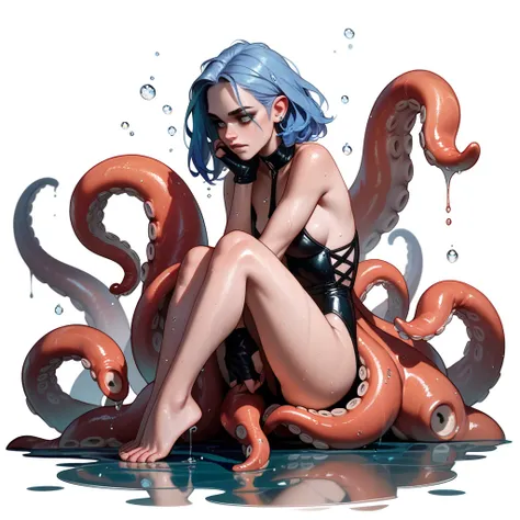 monster girl women's upper body 6 octopus legs growing on the lower body A disgraced expression Wet nudes Water Drop white backg...