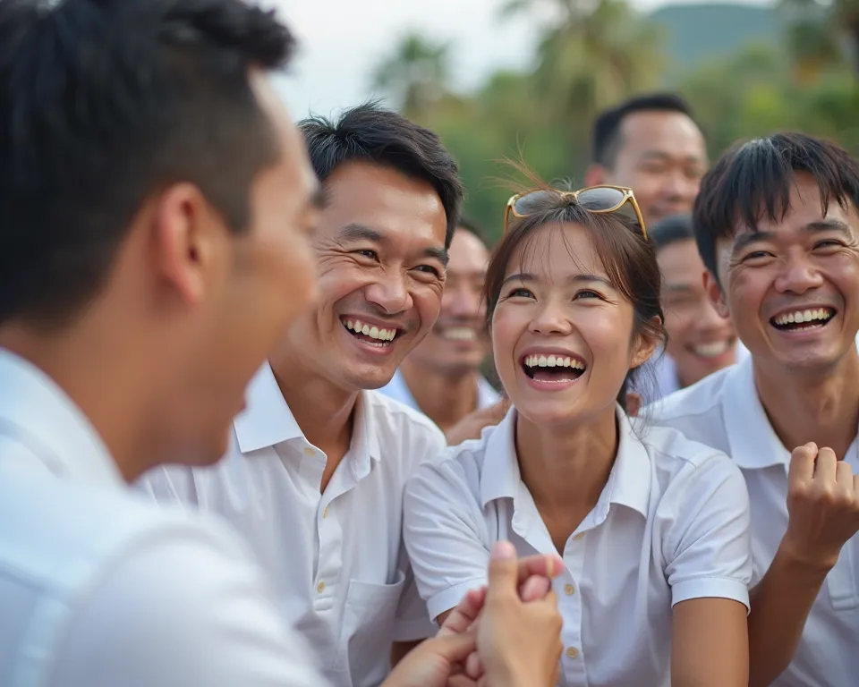 A group of Asian people wearing white polo shirts like taking tourist photos, both men and women are interacting and chatting to...