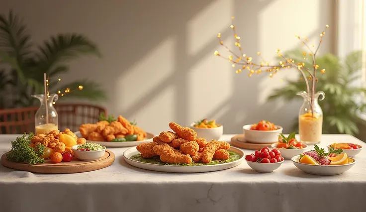 aesthetic dining room without its table people complete with fried chicken meals and ice berries and fruits