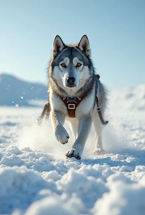 Dog dragging sled in the snow