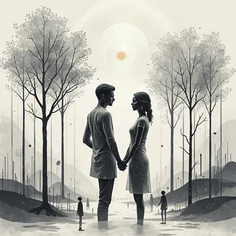 Create a concept of trees, for couples, minimalism , Modern , the meaning of sharing, Small figure, black and white embossed pr...