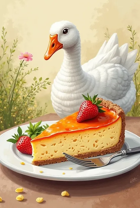 Basque cheesecake arranged on a plate,Cut it out in one piece and have a slight fluff in the middle,Background is a goose,. The ...