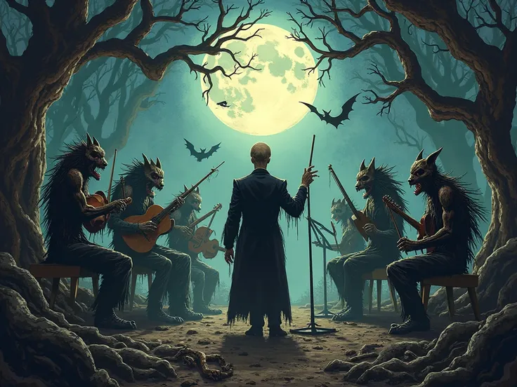 A haunted symphony orchestra of demonic forest creatures plays in the moonlight, led by a creepy conductor, on a stage made of i...