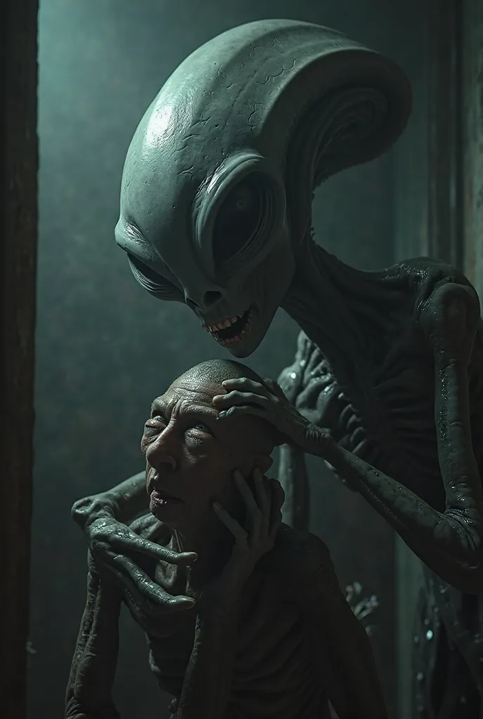 human is contorted by terror.. The alien is short, with a large, oversized head, almond-shaped black eyes. wide and bright eyes ...