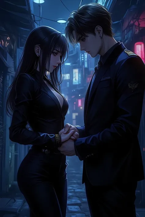 Style: Webtoon / Manhwa, detailed and visually appealing.
Scene: A narrow alley in an old district of a futuristic city at night...