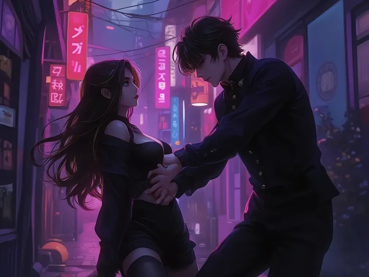 Style: Webtoon / Manhwa, detailed and visually appealing.
Scene: A narrow alley in an old district of a futuristic city at night...