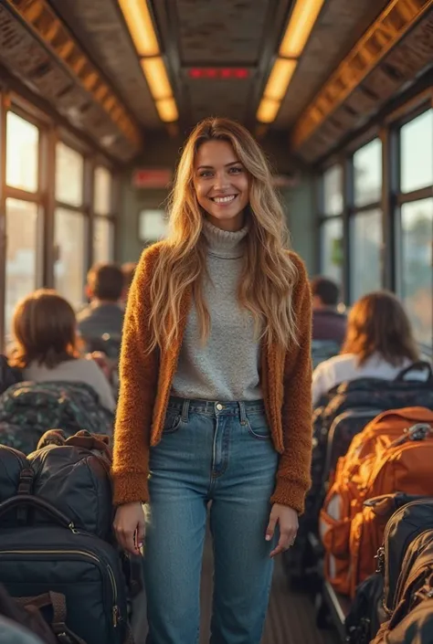 Femme realisant son reve faire un road trip. Photo réaliste d'une femme dans un train avec plusieurs sac pour son voyage. Elle e...