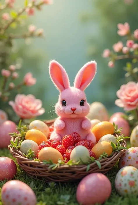 Create an Easter egg catalog with the name with candies add a nest with strawberry jam make it very beautiful with bright colors...