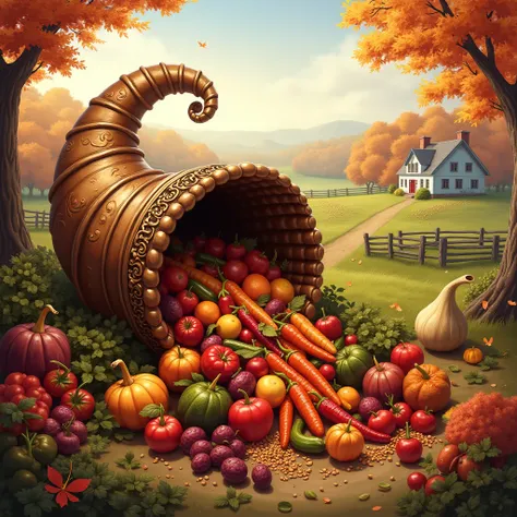 A horn of plenty stuffed with a cornucopia of food. New England autumn countryside in the background.