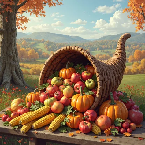 A horn of plenty stuffed with a cornucopia of food. New England outdoors in the background.