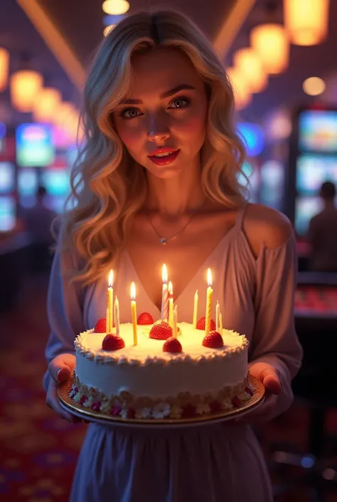 She held a birthday cake with two hands, blond hair, with background casino area. Behind the woman there is a roulette table in ...