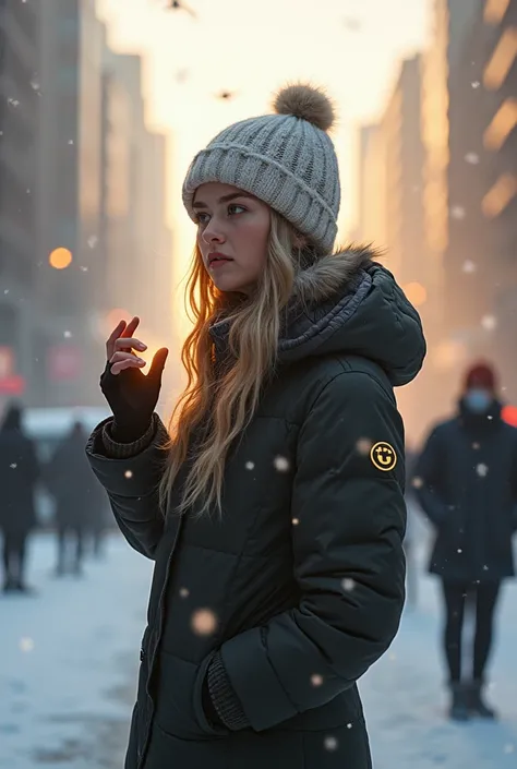 Emma stands in the middle of the frozen city, holding a futuristic-looking watch with a glowing button. Her finger hovers over i...