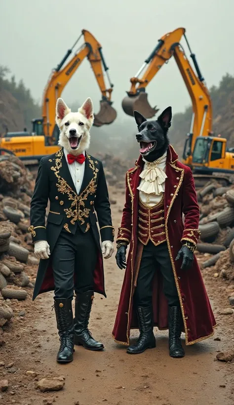 Two anthropomorphic dogs, one white and one black, dressed in extravagant, vintage aristocratic clothing, stand dramatically in ...