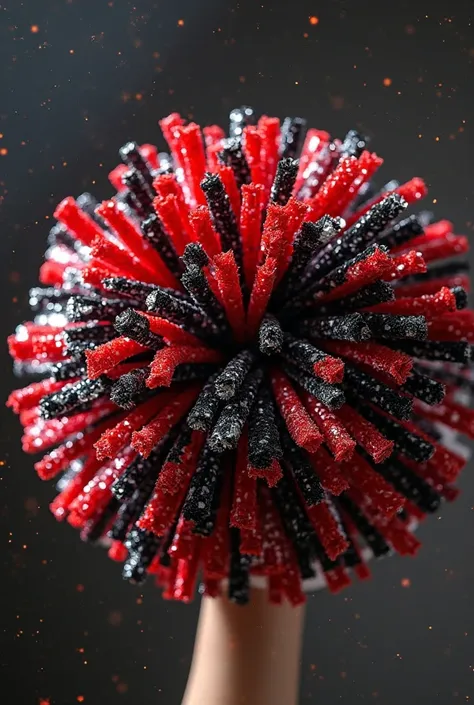 Red and black and silver cheerleader pompom with glitter