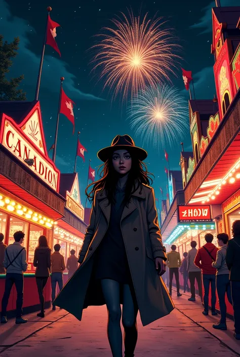 A detective girl walking around in a canadian carnaval at night with firework manga style balck and white