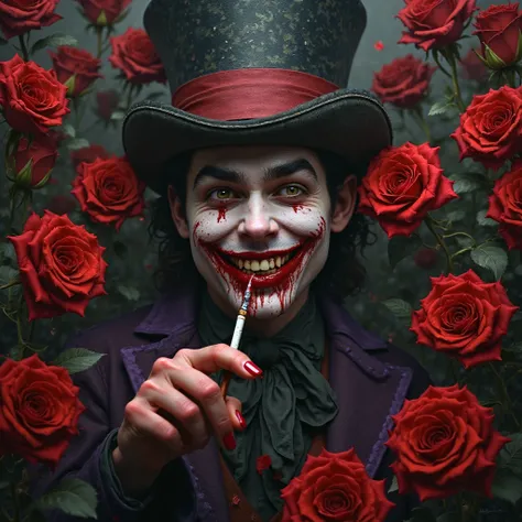 Crée une une image d’un jeune chapelier fou il a du sang sur la bouche et les mains et une cigarette il est entouré de rose