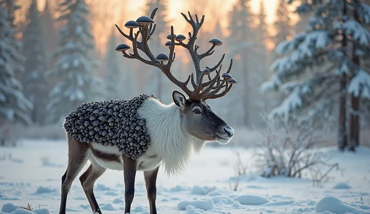 "A majestic reindeer stands in the middle of a snowy wasteland, its antlers covered in strange objects that look like small blac...