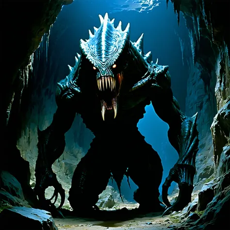 1980's sci fi horror movie, movie still, photorealistic, a monstrous creature with fangs and long teeths, in a cave