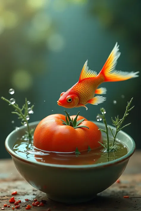 A bowl fish come out it when a tomato fall in to the bowl.