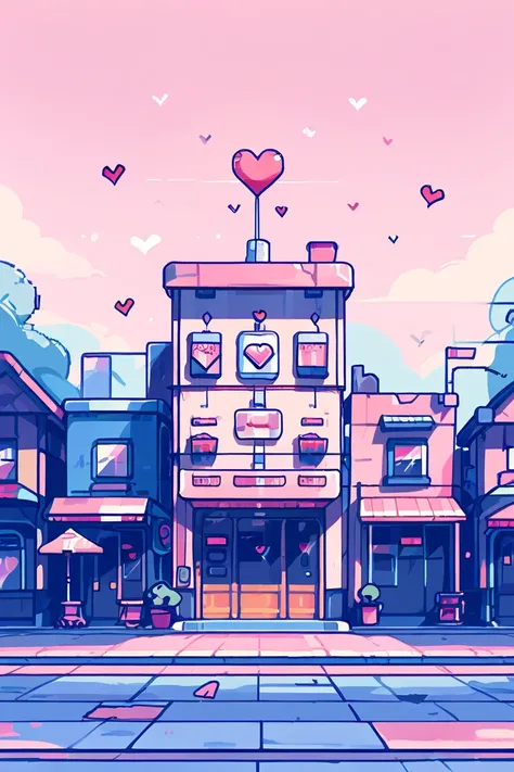 masterpiece, best quality, wide view, pink, heart, pink heart, outside, big heart, a huge factory