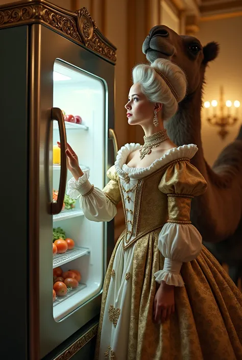 Create a picture of mary antoinette looking in a fridge with a camel