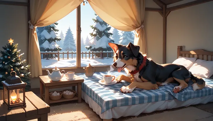 "A winter-inspired glamping tent, with the bed layered in a checkered blanket and faux fur throws. A woman relaxes beside her sm...