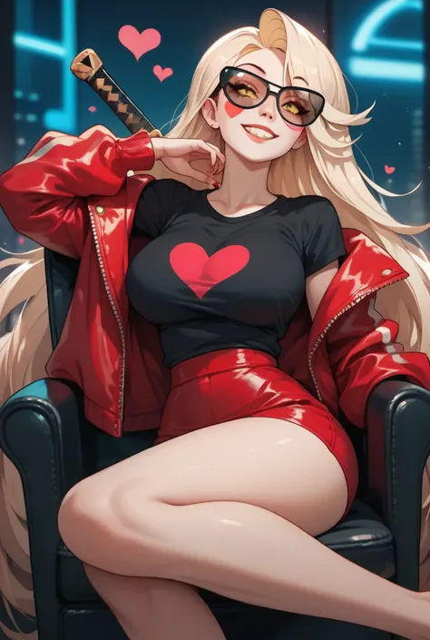 Anime girl very long hair turquoise, golden eyes, smiling, wearing black t-shirt and red futuristic jacket , Big breasts,black...
