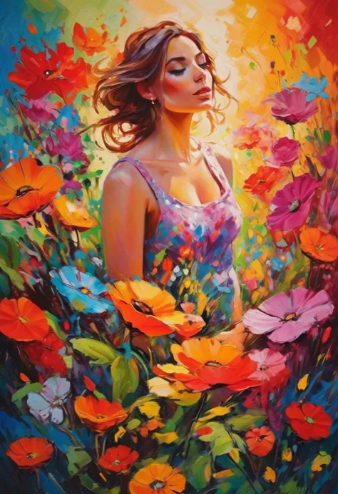 girl in flowers, Colorful , oil painting, crazy colors , Oil paint, High quality, high detail