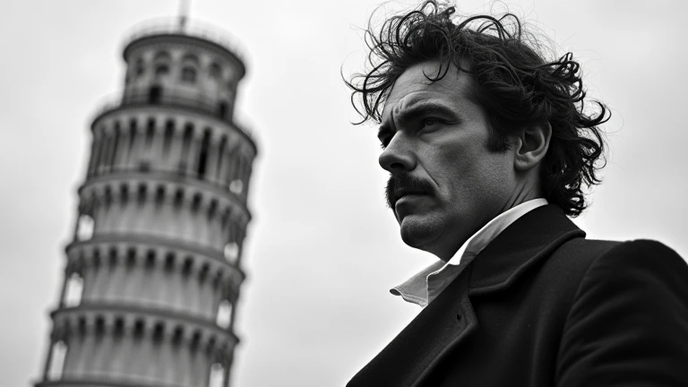Young Friederich Nietzsche in front of the Tower of Pisa. black and white image