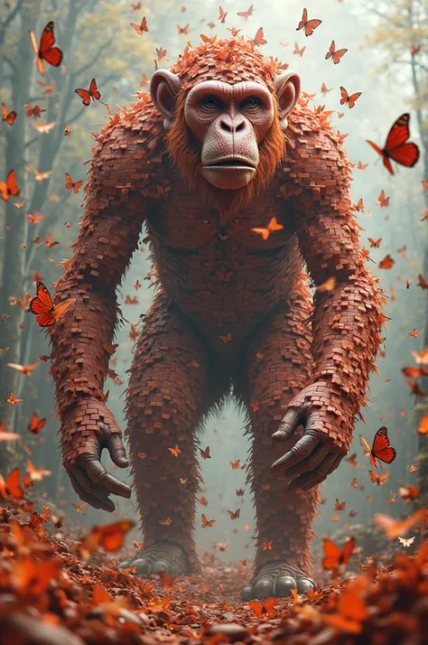 A thousand of butterflies group in middle a huge size african wild monkey made out of red bricks stand it