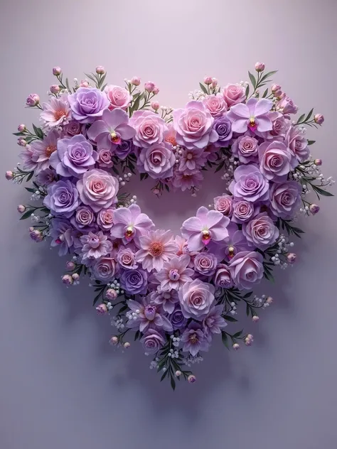 a tiered flower bouquet, purple roses, orchids, jasmine, heart-shaped flower bouquet, intricate arrangement, delicate petals, vi...