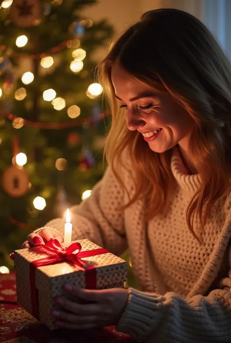 woman opening a gift box with a candle and a christmas tree in the background, a picture by Konrad Witz, shutterstock, fine art,...