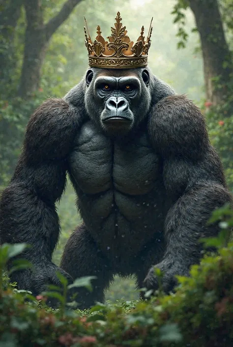 Create me a sticker with an imposing gorilla in the foreground with a crown on his head.
You need vegetation in the background
I...