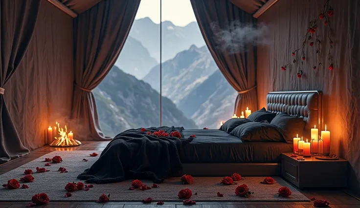 The bedroom in Khina is a luxurious room with a modern design, in mountains, smoke in the ground, roses, the moon is bright, the...
