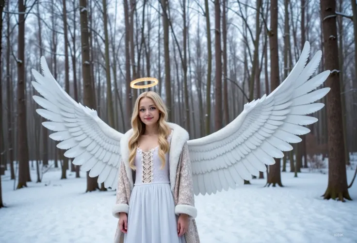 angel girl, beautiful face, blonde hair, golden halo on her head, with giant spread white wings,lacy white long dress, short wh...