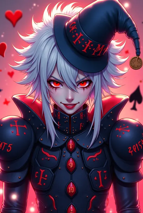 Create an image of a vibrant and colorful anime-style illustration, design. in the center, a hostile young clown with a menacin...