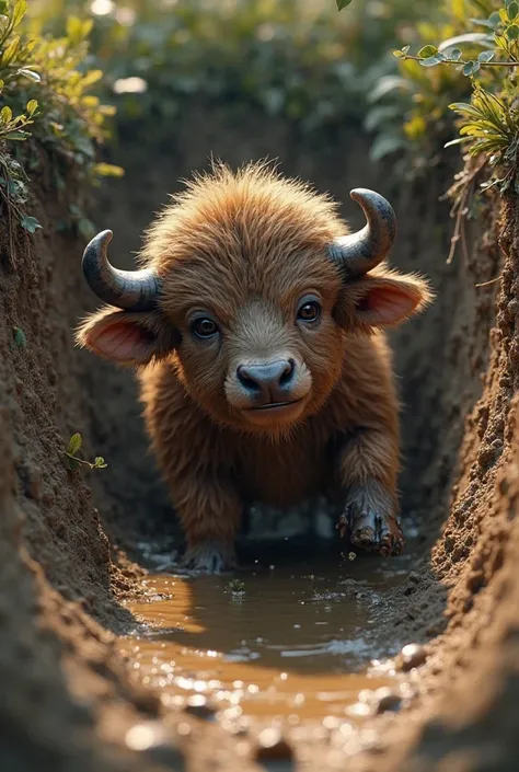A baby buffalo fell into a ditch. Big