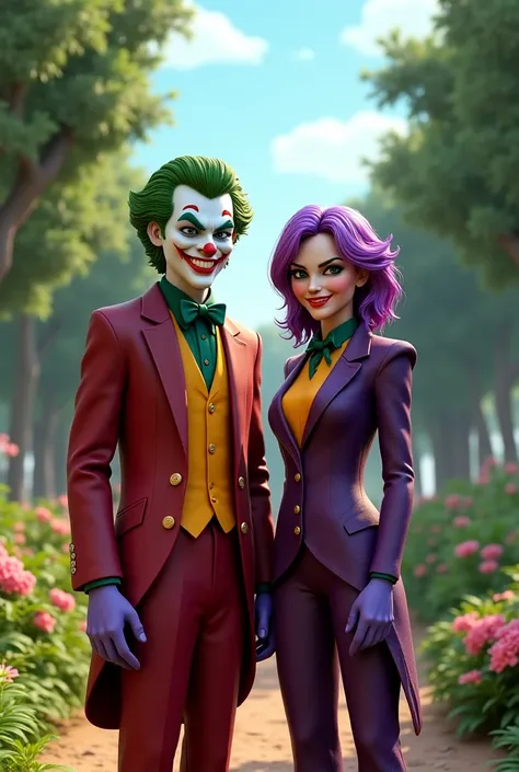 Joker and lady joker standing side byside front side with smile in the park realistic image