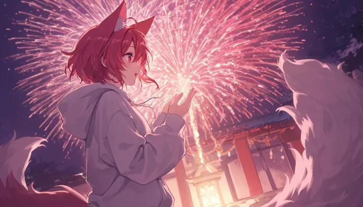Wearing a hoodie with a fluffy tail and pointy fox ears, and with her hands in a fox shape, Kasane Teto is dancing in a colorful...