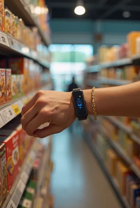 Show me an image where someone is paying for a box of cereal in a supermarket where they pay with a bracelet that has electronic...