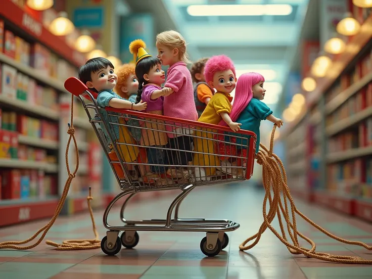 shopping cart with colorfully dressed miniature people trying to ride on it with stairs, With ropes , all inside a store with a ...