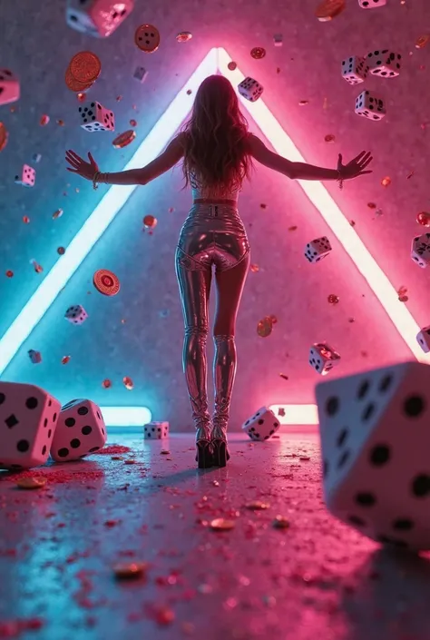 A young woman in a sleek metallic outfit balancing on a giant playing card suspended midair, her pose elegant against a backdrop...
