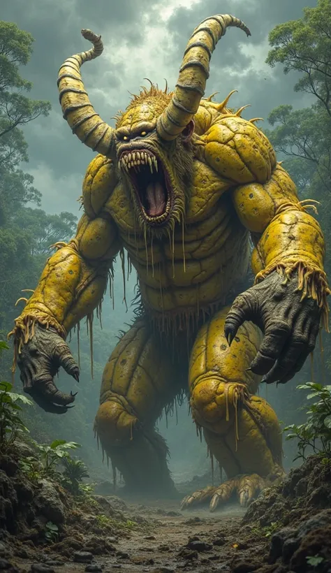 A monstrous fusion of a towering ape and a nightmarish, mutated banana, lurking in the depths of a decayed jungle. Its body is a...
