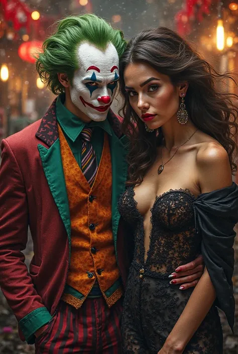 A sexy clown accompanied by a woman in hot fashion