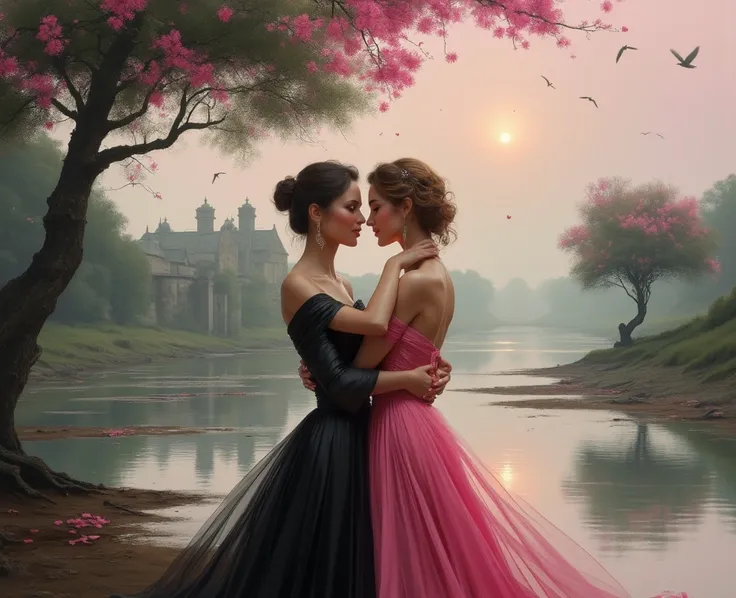 Two elegant women, one draped in a sleek black gown that accentuates her slender figure, and the other adorned in a vibrant pink...
