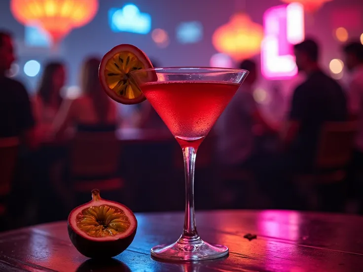 A passion fruit martini in a sleek coupe glass, garnished with half a passion fruit floating on top. The blurred background feat...