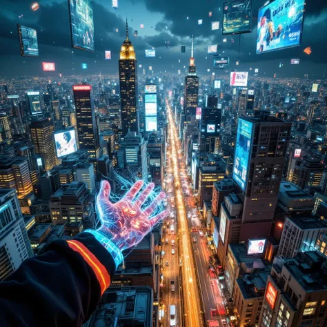 A first-person perspective of a futuristic cyberpunk cityscape from high above, standing on the edge of a skyscraper and looking...
